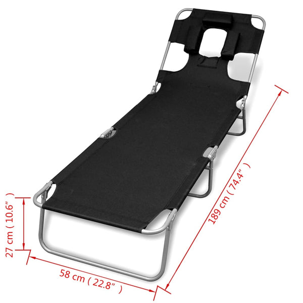 Vidaxl Folding Sun Lounger With Head Cushion Powder Coated Steel Black Loungers