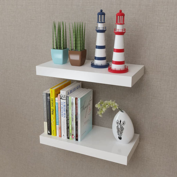 2 White Mdf Floating Wall Display Shelves Book Dvd Storage Wall Shelves