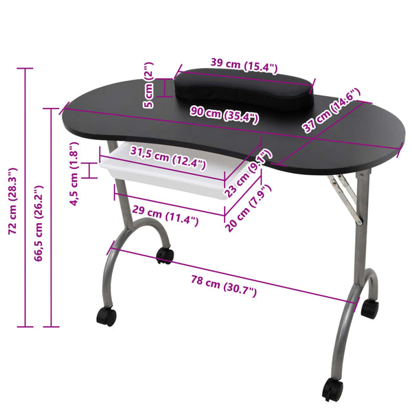 Vidaxl Folding Manicure Nail Table With Castors Black Manicure & Pedicure Tools & Kits