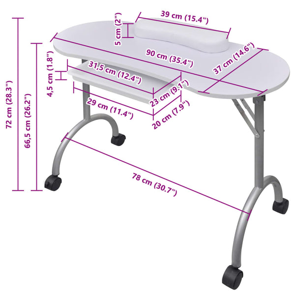 Mdf And Steel Folding Manicure Table With Wrist Cushion Castors For Home Tables