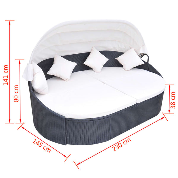 Vidaxl Outdoor Lounge Bed With Canopy Poly Rattan Black Loungers