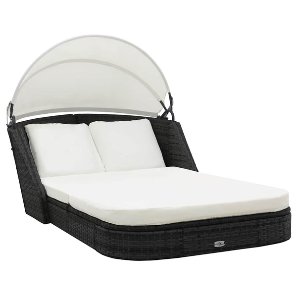 Vidaxl Sun Lounger With Canopy Poly Rattan Black Other Patio & Garden Furniture