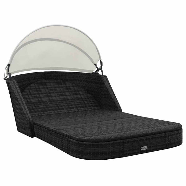 Vidaxl Sun Lounger With Canopy Poly Rattan Black Other Patio & Garden Furniture