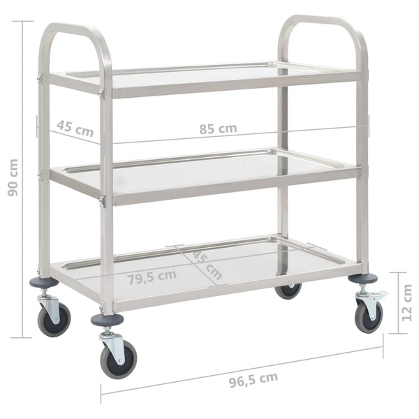 Vidaxl 3 Tier Kitchen Trolley 96.5X55x90 Cm Stainless Steel Kitchen Carts