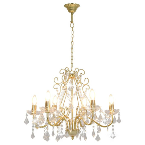Chandelier With Crystal Beads Golden Round 6 X E14 Chandeliers & Ceiling Fixtures