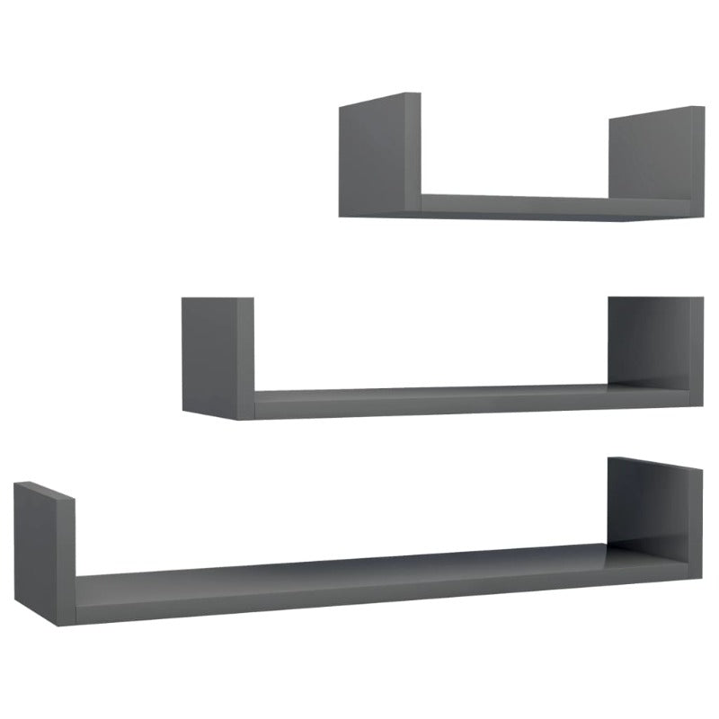 Bookshelves Wall Display Shelf 3 Pcs High Gloss Grey Engineered Wood