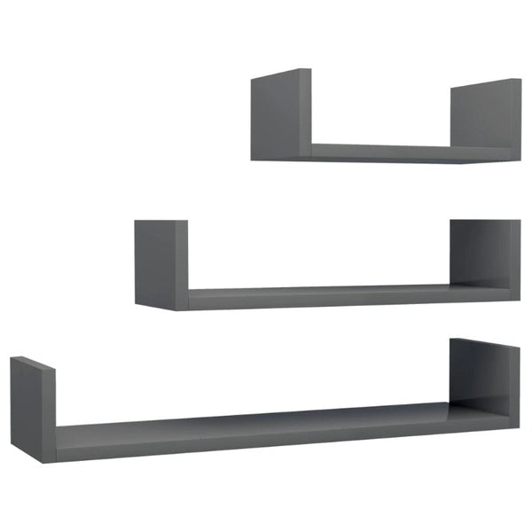 Bookshelves Wall Display Shelf 3 Pcs High Gloss Grey Engineered Wood
