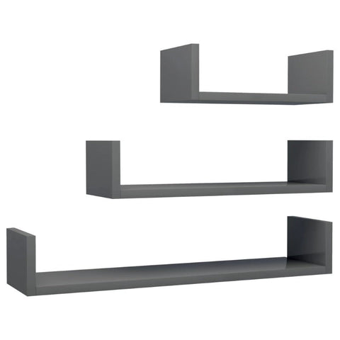 Wall Display Shelf 3 Pcs High Gloss Grey Engineered Wood Bookshelves