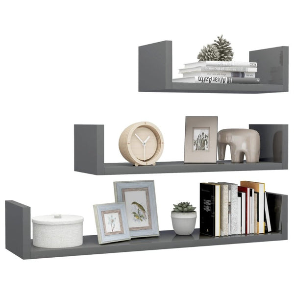 Bookshelves Wall Display Shelf 3 Pcs High Gloss Grey Engineered Wood