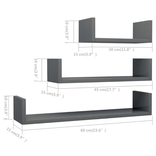 Bookshelves Wall Display Shelf 3 Pcs High Gloss Grey Engineered Wood