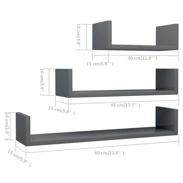 Wall Display Shelf 3 Pcs High Gloss Grey Engineered Wood