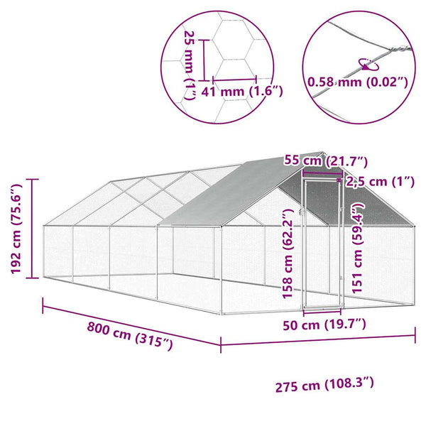 Vidaxl Outdoor Chicken Cage 2.75X8x1.92 M Galvanised Steel Small Animal Cages & Hutches