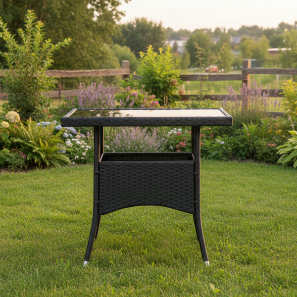 Vidaxl Outdoor Dining Table Black Poly Rattan And Glass Patio & Garden Tables