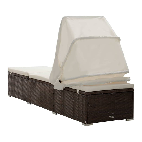 Sun Lounger With Canopy And Cushion Poly Rattan Brown