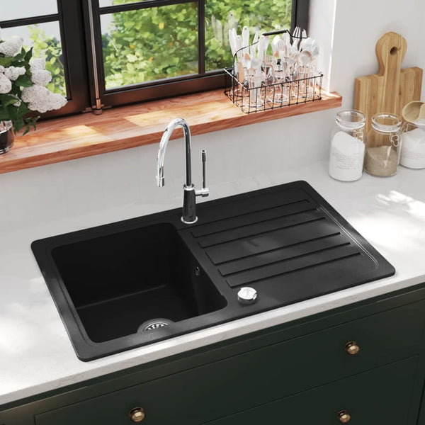 Vidaxl Granite Kitchen Sink Single Basin With Drainer Reversible Black Kitchen Sinks