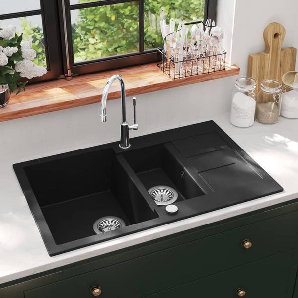 Vidaxl Granite Kitchen Sink Double Basin Black Kitchen Sinks