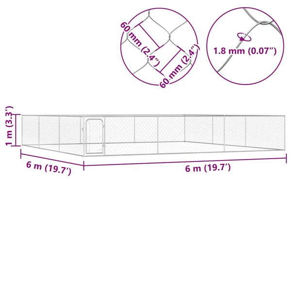 Vidaxl Outdoor Dog Kennel Galvanised Steel 6X6x1 M Dog Kennels