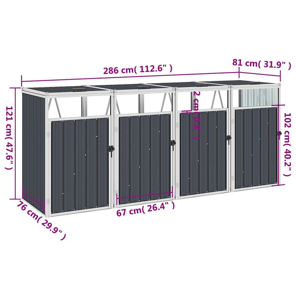 Vidaxl Quadruple Garbage Bin Shed Anthracite 286X81x121 Cm Steel Rubbish Bins