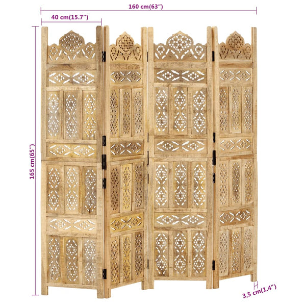 Vidaxl Hand Carved 4 Panel Room Divider 160X165 Cm Solid Mango Wood Screens & Room Dividers