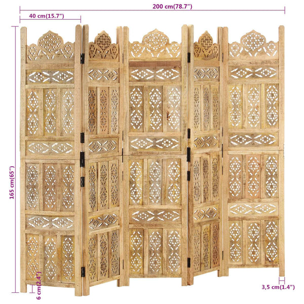 Vidaxl Hand Carved 5 Panel Room Divider 200X165 Cm Solid Mango Wood Screens & Room Dividers