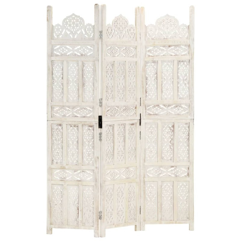 Screens & Room Dividers Hand Carved 3 Panel Room Divider White 120X165 Cm Solid Mango Wood