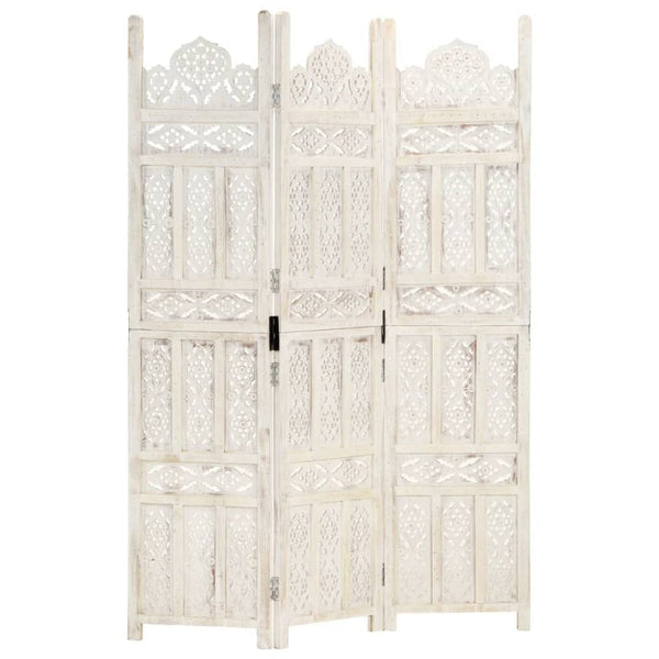 Screens & Room Dividers Hand Carved 3 Panel Room Divider White 120X165 Cm Solid Mango Wood