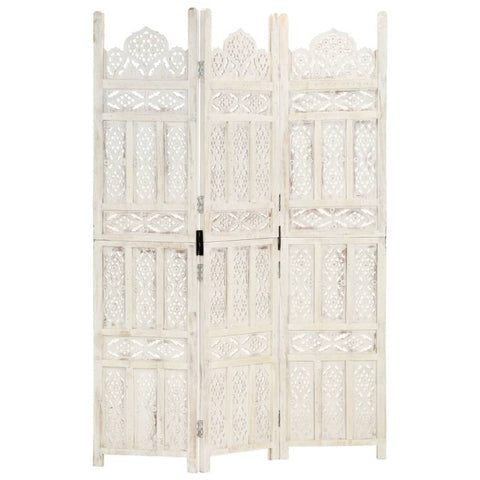 Hand Carved 3 Panel Room Divider White 120X165 Cm Solid Mango Wood Screens & Room Dividers
