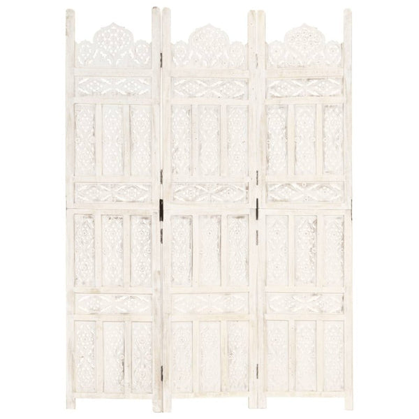 Hand Carved 3-Panel Room Divider White 120X165 Cm Solid Mango Wood
