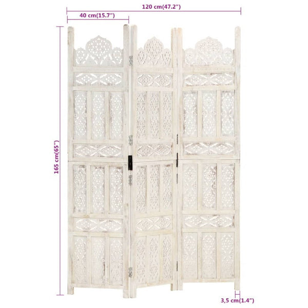 Screens & Room Dividers Hand Carved 3 Panel Room Divider White 120X165 Cm Solid Mango Wood