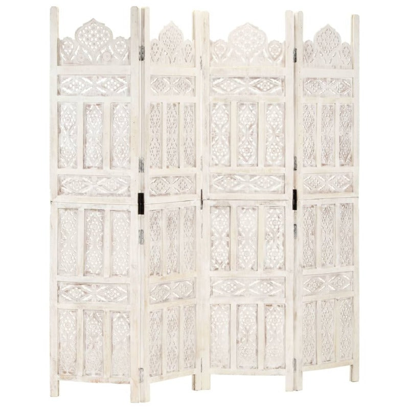 Screens & Room Dividers Hand Carved 4 Panel Room Divider White 160X165 Cm Solid Mango Wood