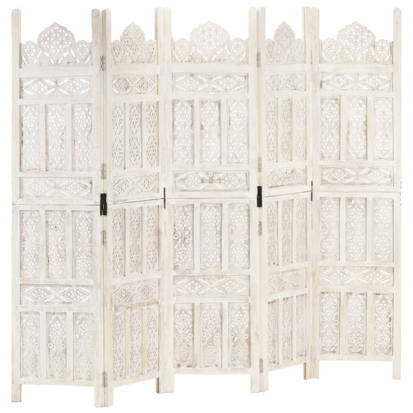 Vidaxl Hand Carved 5 Panel Room Divider White 200X165 Cm Solid Mango Wood Screens & Room Dividers