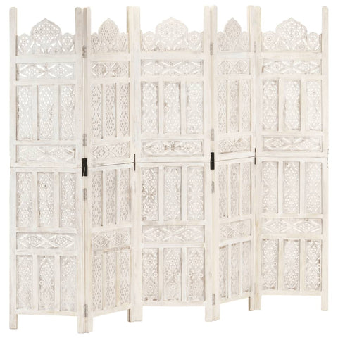 Vidaxl Hand Carved 5 Panel Room Divider White 200X165 Cm Solid Mango Wood Screens & Room Dividers