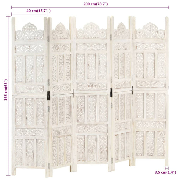 Vidaxl Hand Carved 5 Panel Room Divider White 200X165 Cm Solid Mango Wood Screens & Room Dividers
