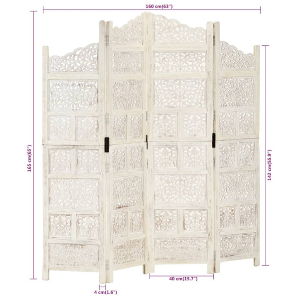Solid Mango Wood Room Divider Hand Carved White Folding Screen Furniture Screens & Room Dividers