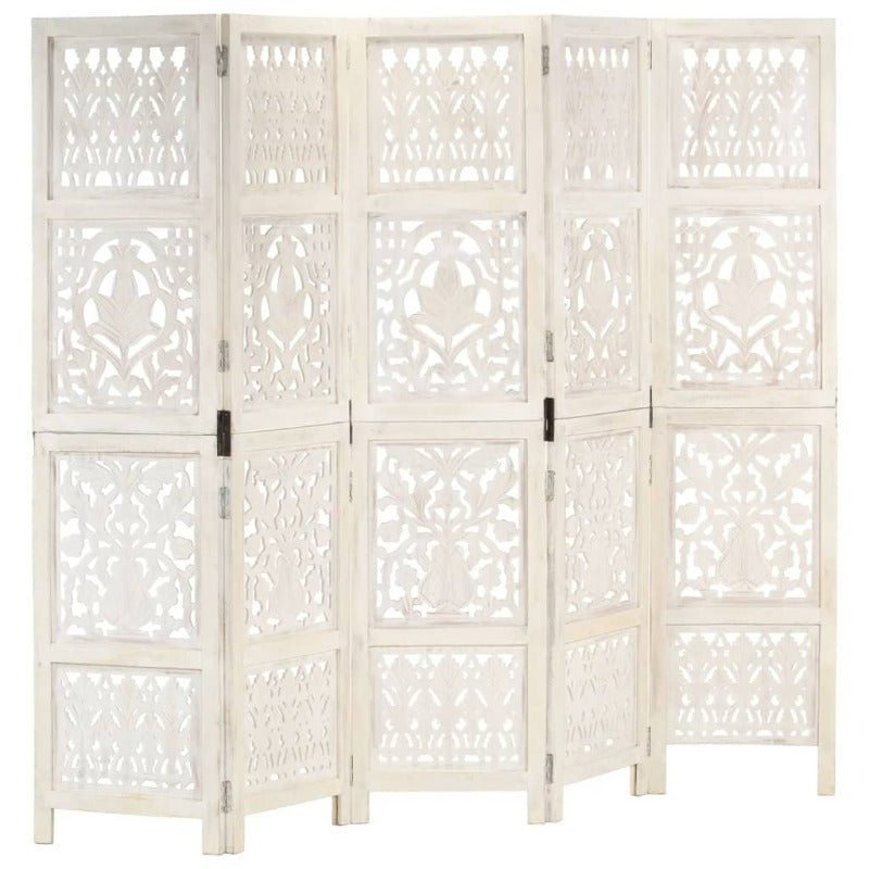 Screens & Room Dividers Hand Carved 5 Panel Room Divider White 200X165 Cm Solid Mango Wood