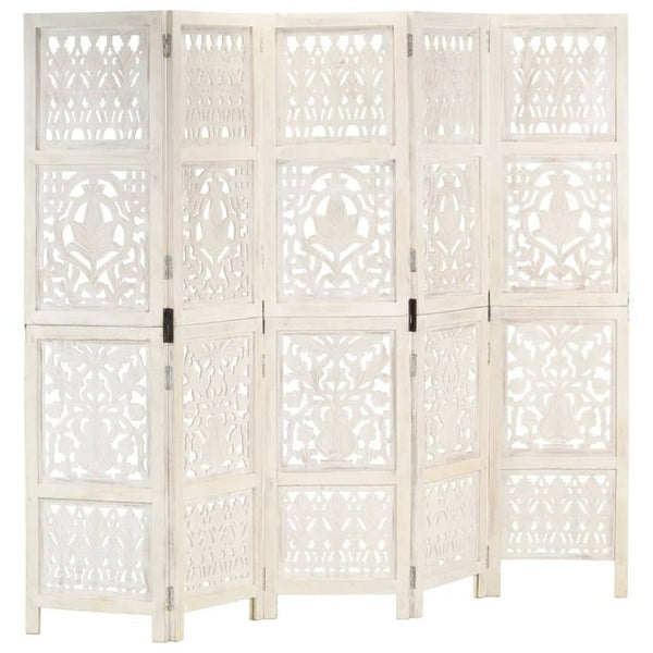 Screens & Room Dividers Hand Carved 5 Panel Room Divider White 200X165 Cm Solid Mango Wood