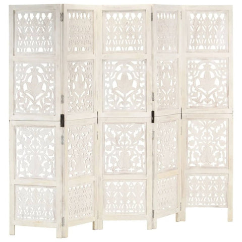 Screens & Room Dividers Hand Carved 5 Panel Room Divider White 200X165 Cm Solid Mango Wood
