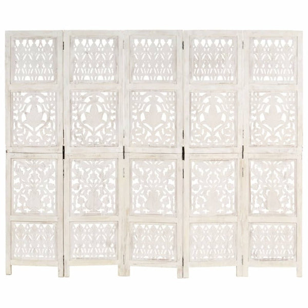 Screens & Room Dividers Hand Carved 5 Panel Room Divider White 200X165 Cm Solid Mango Wood