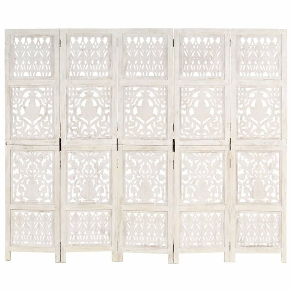 Hand Carved 5-Panel Room Divider White 200X165 Cm Solid Mango Wood