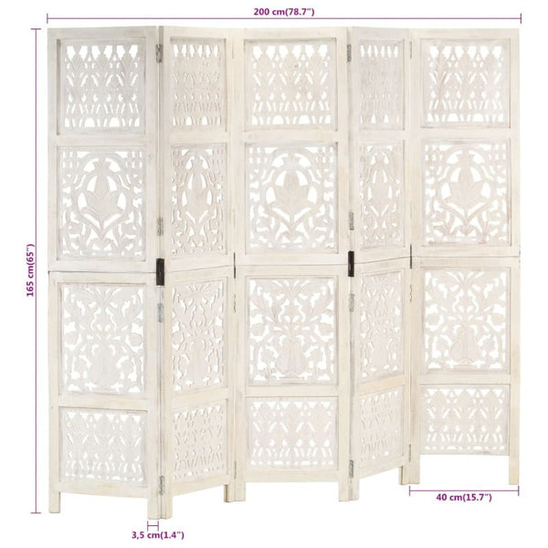 Screens & Room Dividers Hand Carved 5 Panel Room Divider White 200X165 Cm Solid Mango Wood