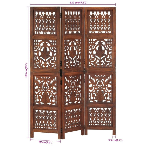 Vidaxl Hand Carved 3 Panel Room Divider Brown 120X165 Cm Solid Mango Wood Screens & Room Dividers