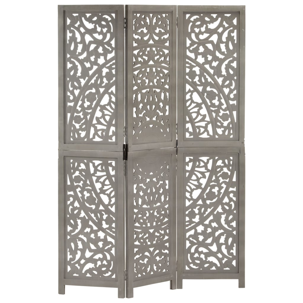 Hand Carved 3 Panel Room Divider Grey 120X165 Cm Solid Mango Wood Screens & Room Dividers