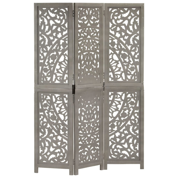 Hand Carved 3 Panel Room Divider Grey 120X165 Cm Solid Mango Wood Screens & Room Dividers