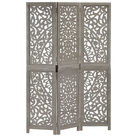 Hand Carved 3 Panel Room Divider Grey 120X165 Cm Solid Mango Wood Screens & Room Dividers