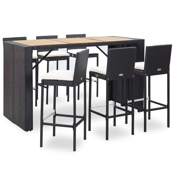 Vidaxl 7 Piece Outdoor Bar Set With Cushions Poly Rattan Black Patio Furniture Sets