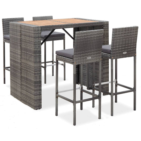 Vidaxl 5 Piece Outdoor Bar Set Poly Rattan And Acacia Wood Grey Patio Furniture Sets