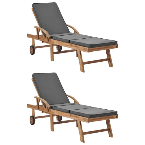 Sun With Cushions 2 Pcs Solid Teak Wood Dark Grey Loungers