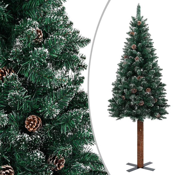 Slim Christmas Tree With Real Wood And White Snow Green 180 Cm Seasonal Decorations