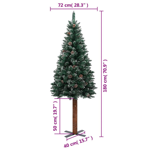Slim Christmas Tree With Real Wood And White Snow Green 180 Cm Seasonal Decorations