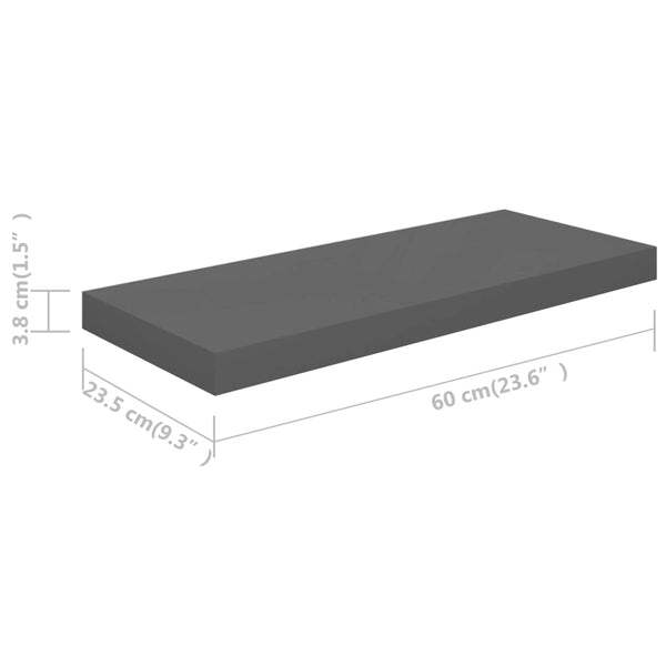 Floating 2 Pcs High Gloss Grey 60X23.5X3.8 Cm Mdf Wall Shelves